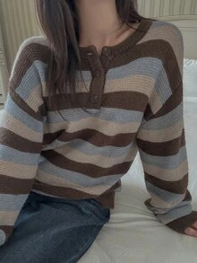 DAZY Women's Striped Casual Versatile Daily Long Sleeve Sweater - Brown - View 2