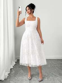 Elenzga Women's Romantic Elegant Sleeveless Square Neck Floral Embroidery Dress - White - View 5