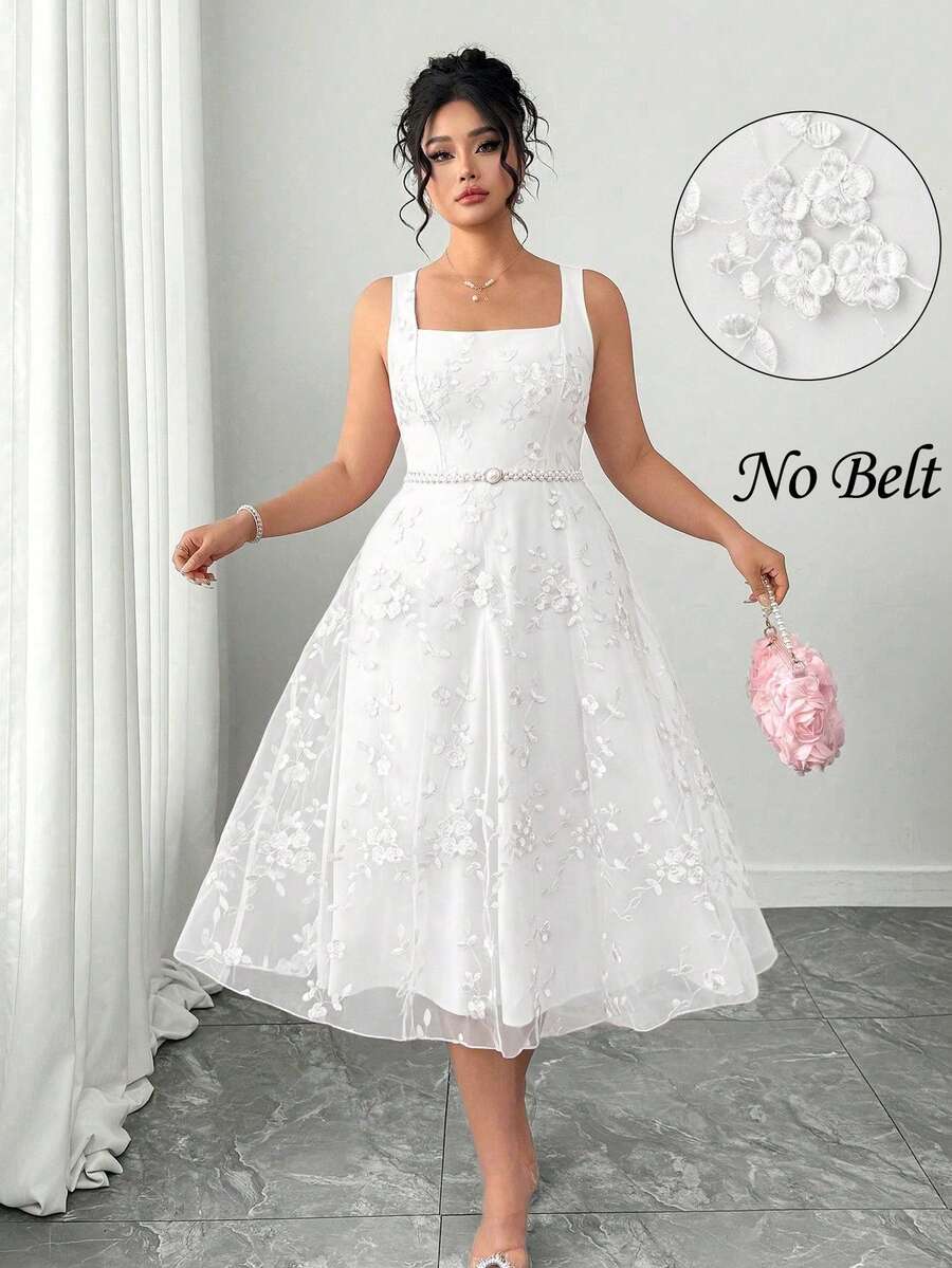 Elenzga Women's Romantic Elegant Sleeveless Square Neck Floral Embroidery Dress - White - View 1