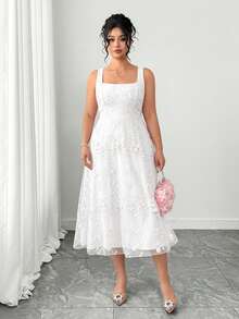 Elenzga Women's Romantic Elegant Sleeveless Square Neck Floral Embroidery Dress - White - View 4