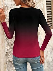 Omancia V-Neck Gradient Design Casual T-Shirt, Spring/Autumn Graphic Tees Women Tops - Multicolor - View 2
