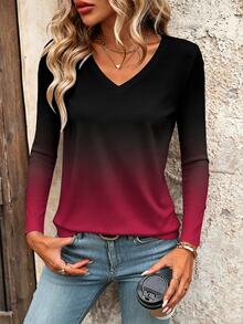 Omancia V-Neck Gradient Design Casual T-Shirt, Spring/Autumn Graphic Tees Women Tops - Multicolor - View 5