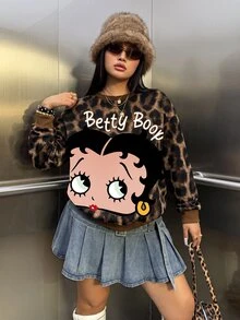 Betty Boop x SHEIN 大尺碼女款圓領字母卡通圖案休閒日常長袖運動衫 - 白色 - 查看 1