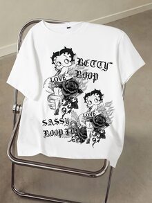 Betty Boop x SHEIN Áo thun ngắn tay họa tiết nhân vật hoạt hình, hoa và slogan - trắng - Xem 3