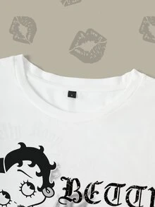 Betty Boop x SHEIN Áo thun ngắn tay họa tiết nhân vật hoạt hình, hoa và slogan - trắng - Xem 6