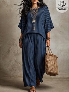 Ceyna 大尺碼女款法式休閒波西米亞優雅波浪紋圓領長袖褲裝兩件套 海軍藍夏季度假正式辦公穿搭 - 藏蓝色 - 查看 2