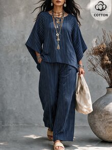 Ceyna 大尺碼女款法式休閒波西米亞優雅波浪紋圓領長袖褲裝兩件套 海軍藍夏季度假正式辦公穿搭 - 藏蓝色 - 查看 4