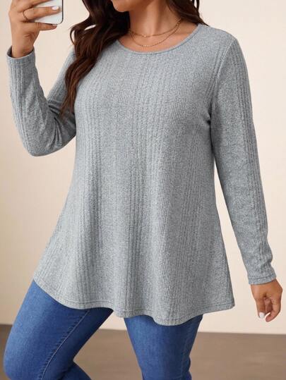 SHEIN VCAY Plus Size Minimalist Round Neck Long Sleeve T-Shirt For Office And Commute