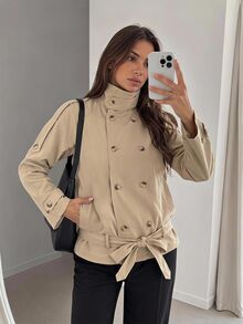 Easowa Double Breasted Raglan Sleeve Belted Trench Coat Office Khaki Autumn Casual Elegant - Khaki - View 1