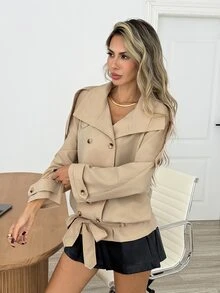 Easowa Double Breasted Raglan Sleeve Belted Trench Coat Office Khaki Autumn Casual Elegant - Khaki - View 8