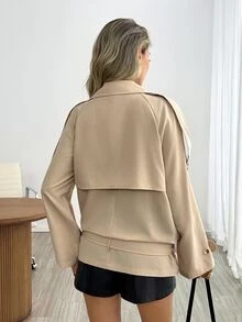 Easowa Double Breasted Raglan Sleeve Belted Trench Coat Office Khaki Autumn Casual Elegant - Khaki - View 7