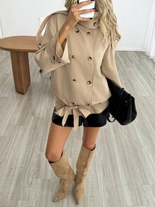 Easowa Double Breasted Raglan Sleeve Belted Trench Coat Office Khaki Autumn Casual Elegant - Khaki - View 5