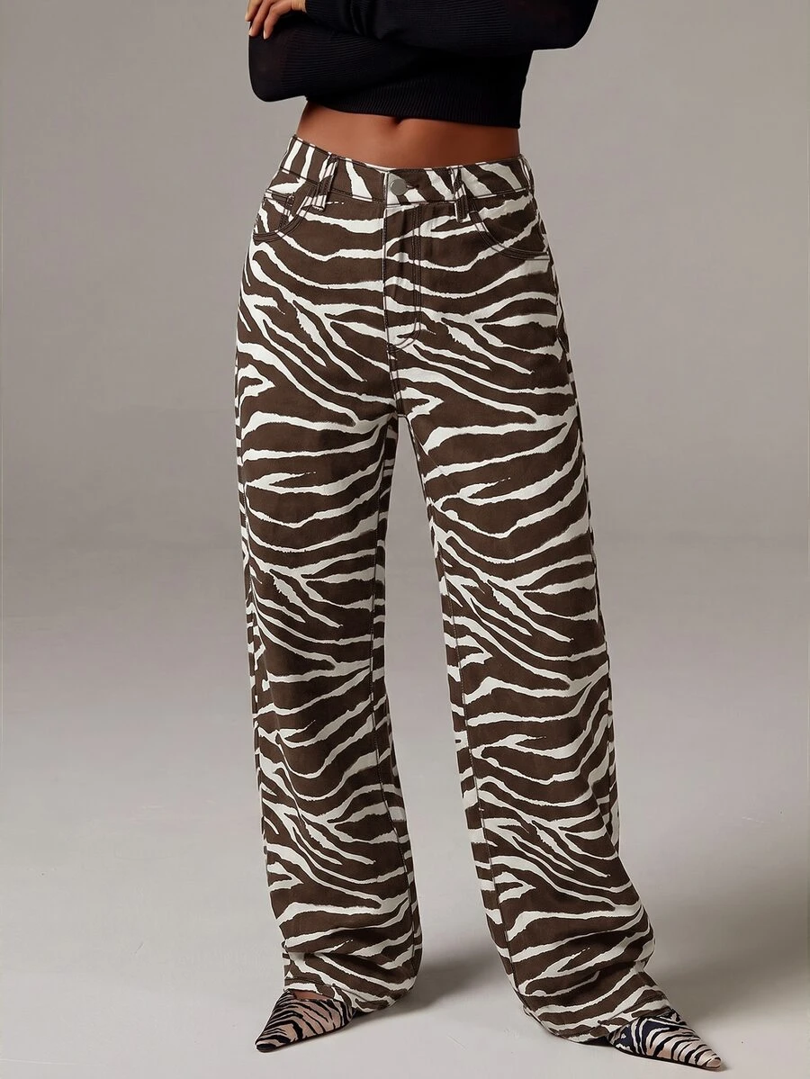 Athîral Denim Women's Zebra Print Casual Daily Travel Denim Jeans With Pockets And Buttons - Brown - View 1