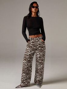 Athîral Denim Women's Zebra Print Casual Daily Travel Denim Jeans With Pockets And Buttons - Brown - View 2