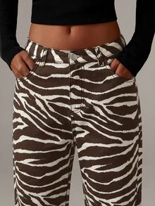 Athîral Denim Women's Zebra Print Casual Daily Travel Denim Jeans With Pockets And Buttons - Brown - View 5
