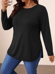 SHEIN VCAY Casual Black Plus Size Crew Neck Long Sleeve T-Shirt, Suitable For Autumn/Winter, Black Top - Black - View 4