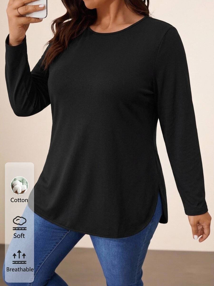 SHEIN VCAY Casual Black Plus Size Crew Neck Long Sleeve T-Shirt, Suitable For Autumn/Winter, Black Top - Black - View 1