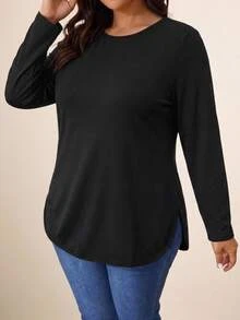 SHEIN VCAY Casual Black Plus Size Crew Neck Long Sleeve T-Shirt, Suitable For Autumn/Winter, Black Top - Black - View 3