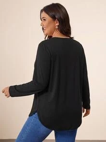 SHEIN VCAY Casual Black Plus Size Crew Neck Long Sleeve T-Shirt, Suitable For Autumn/Winter, Black Top - Black - View 2