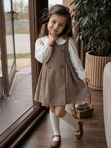 SHEIN Kids Young Girl Woven Plaid Patchwork Solid Color Peter Pan Collar Casual Dress - Khaki - View 4