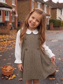 SHEIN Kids Young Girl Woven Plaid Patchwork Solid Color Peter Pan Collar Casual Dress - Khaki - View 6