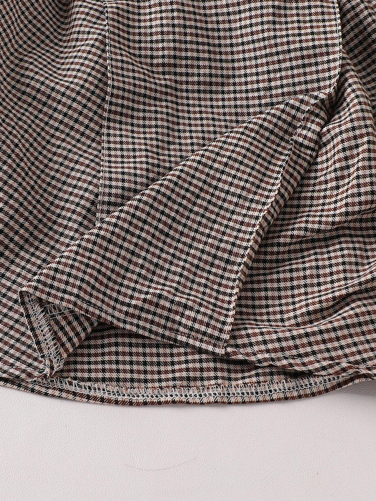 SHEIN Kids Young Girl Woven Plaid Patchwork Solid Color Peter Pan Collar Casual Dress - Khaki - View 8