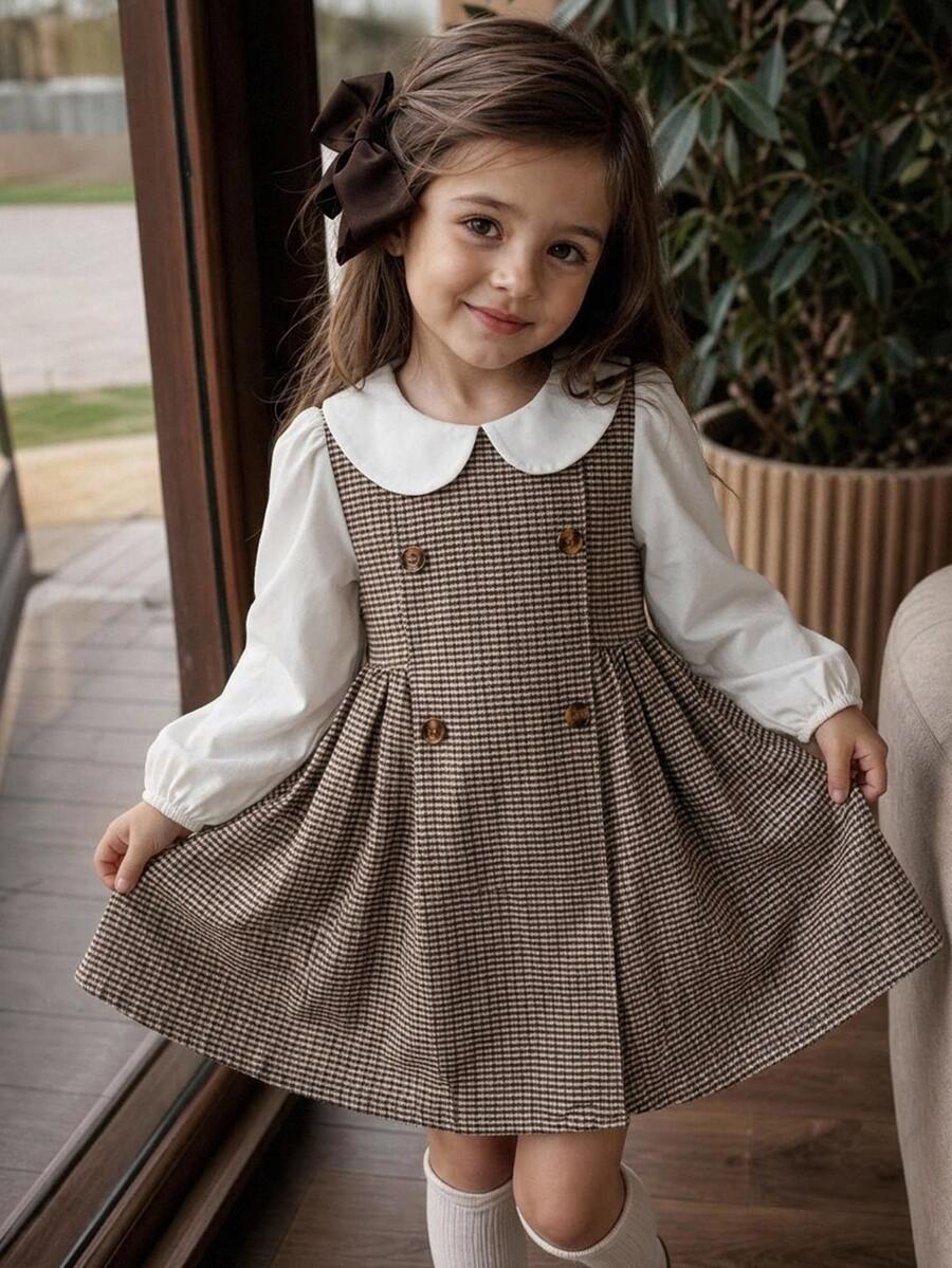 SHEIN Kids Young Girl Woven Plaid Patchwork Solid Color Peter Pan Collar Casual Dress - Khaki - View 1