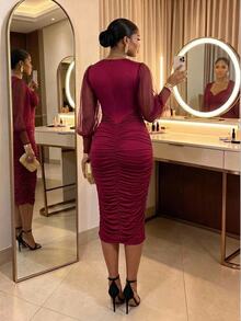 SHEIN Lady CURVE Plus Size Women's Solid Color Round Neck Contrast Mesh Lantern Sleeve Ruched Fitted Elegant Dress Fall - Burgundy - View 2