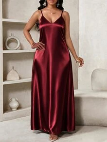 SHEIN Lady Plus Size Elegant Satin Spaghetti Strap Evening Dress Fall New Year Party Formal Burgundy Christmas - Burgundy - View 6