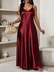 SHEIN Lady Plus Size Elegant Satin Spaghetti Strap Evening Dress Fall New Year Party Formal Burgundy Christmas - Burgundy - View 4