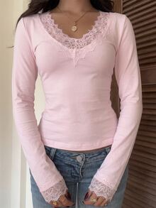 CovetEZ 女款蕾絲拼接修身百搭日常早午餐長袖T恤 白色 秋季 浪漫優雅 - 粉色 - 查看 10