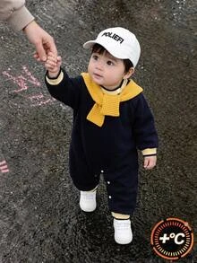 SHEIN Infant (Boy) Yellow Shawl Blue Bodysuit, Casual Style Suitable For Holiday, Outing, Christmas, Halloween - Royal Blue - View 7