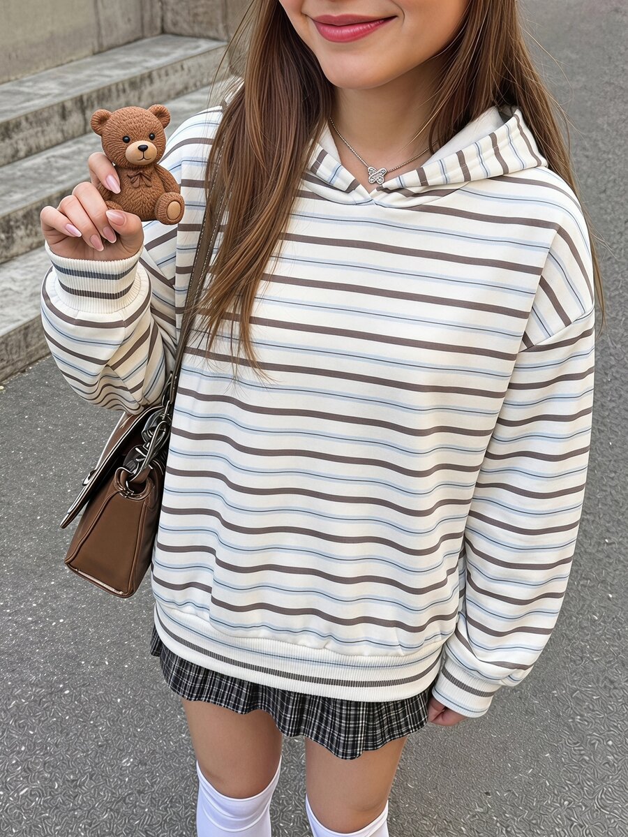 SHEIN 青少年女孩秋冬休閒童裝針織條紋印花抓絨內裡加厚連帽套頭衛衣，適合返校與日常穿著 - 彩色 - 查看 1