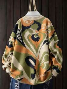 Linhara Plus Size Women's Autumn/Winter Casual Versatile Retro Paisley Random Jacquard Colorblock Round Neck Loose Knit Sweater Top - Multicolor - View 2