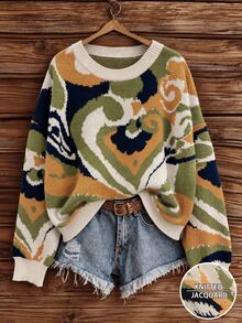Linhara Plus Size Women's Autumn/Winter Casual Versatile Retro Paisley Random Jacquard Colorblock Round Neck Loose Knit Sweater Top - Multicolor - View 5