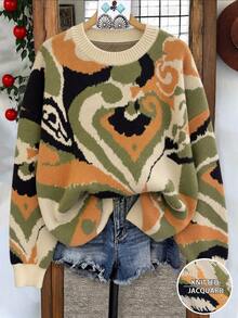 Linhara Plus Size Women's Autumn/Winter Casual Versatile Retro Paisley Random Jacquard Colorblock Round Neck Loose Knit Sweater Top - Multicolor - View 6