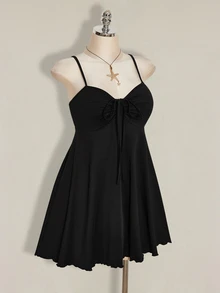 SHEIN ICON 大码女式纯色简约休闲褶皱吊带连衣裙 - 黑色 - 查看 7