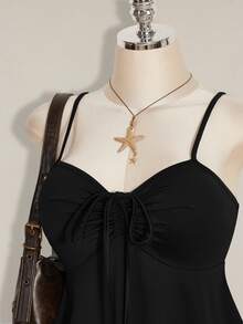 SHEIN ICON 大码女式纯色简约休闲褶皱吊带连衣裙 - 黑色 - 查看 5