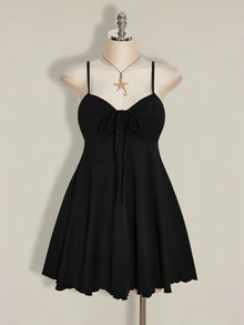 SHEIN ICON 大码女式纯色简约休闲褶皱吊带连衣裙 - 黑色 - 查看 3