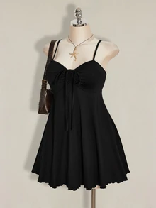 SHEIN ICON 大码女式纯色简约休闲褶皱吊带连衣裙 - 黑色 - 查看 2