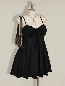 SHEIN ICON 大码女式纯色简约休闲褶皱吊带连衣裙 - 黑色 - 查看 6