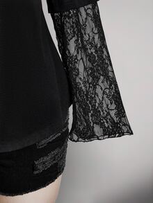 SHEIN ICON Women's Plus Size Lace Patchwork 2 In 1 Black Asymmetrical Shoulder T-Shirt Fall - Black - View 7