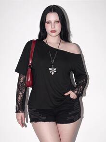 SHEIN ICON Women's Plus Size Lace Patchwork 2 In 1 Black Asymmetrical Shoulder T-Shirt Fall - Black - View 1