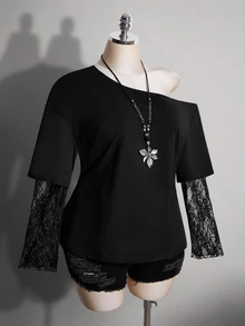 SHEIN ICON Women's Plus Size Lace Patchwork 2 In 1 Black Asymmetrical Shoulder T-Shirt Fall - Black - View 4