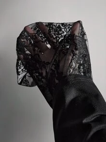 SHEIN ICON Women's Plus Size Lace Patchwork 2 In 1 Black Asymmetrical Shoulder T-Shirt Fall - Black - View 10