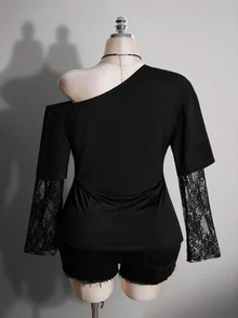SHEIN ICON Women's Plus Size Lace Patchwork 2 In 1 Black Asymmetrical Shoulder T-Shirt Fall - Black - View 9