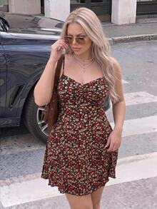 SHEIN ICON Plus Size Fitted Ditsy Floral Print Sun Dress For Women, Perfect Summer, Back-To-School, Dances Office, Other Occasions , Cute - Multicolor - View 2