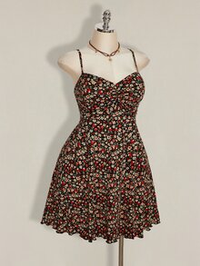 SHEIN ICON Plus Size Fitted Ditsy Floral Print Sun Dress For Women, Perfect Summer, Back-To-School, Dances Office, Other Occasions , Cute - Multicolor - View 6