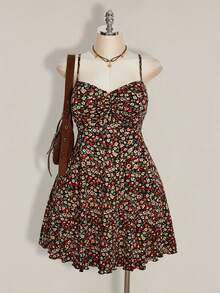 SHEIN ICON Plus Size Fitted Ditsy Floral Print Sun Dress For Women, Perfect Summer, Back-To-School, Dances Office, Other Occasions , Cute - Multicolor - View 1