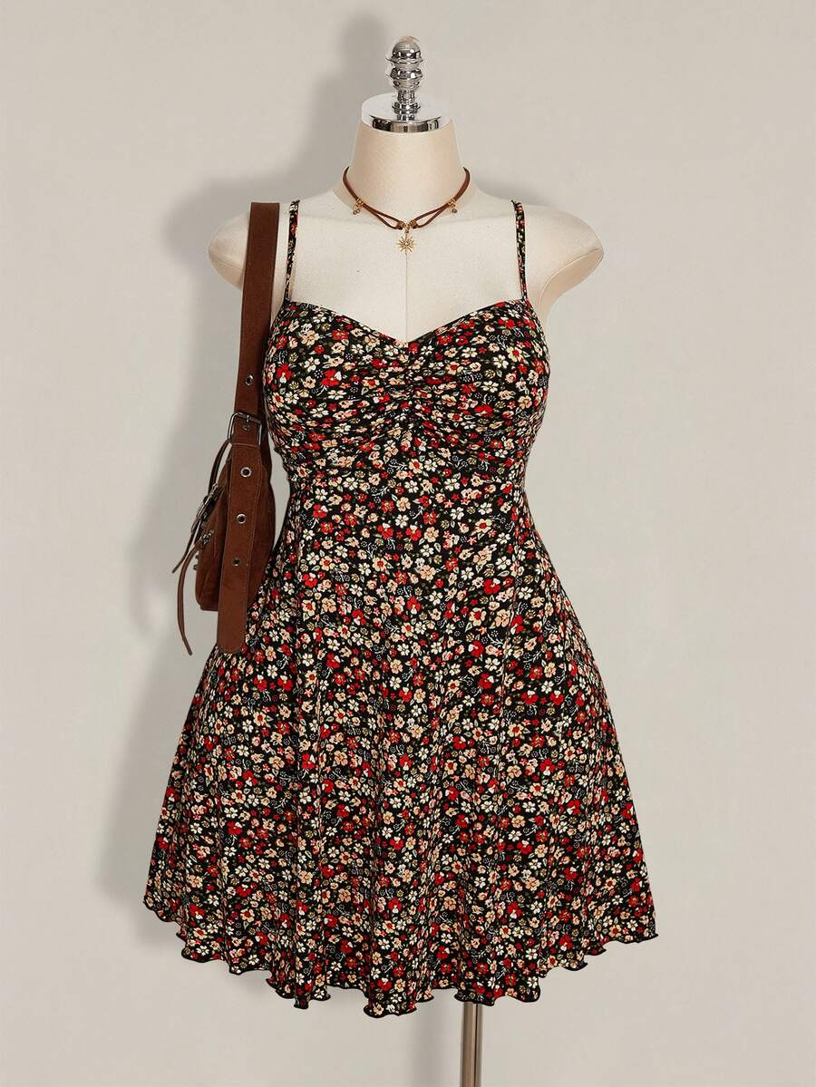 SHEIN ICON Plus Size Fitted Ditsy Floral Print Sun Dress For Women, Perfect Summer, Back-To-School, Dances Office, Other Occasions , Cute - Multicolor - View 1